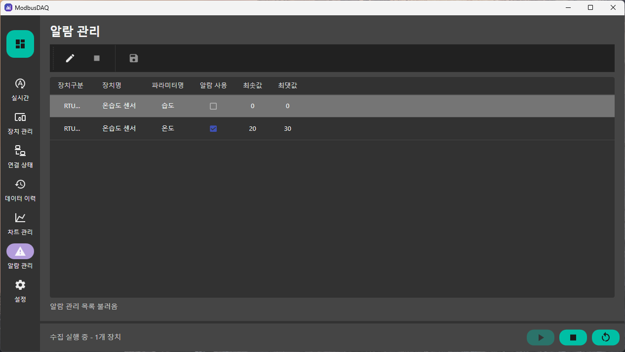 MODBUS-DAQ 알람 관리 실행 화면
